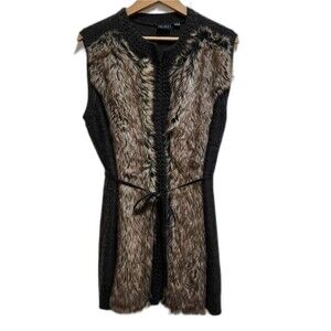 Tribal Sweater Womens L Brown Black Wool Blend Faux Fur Sleeveless Cardigan Boho